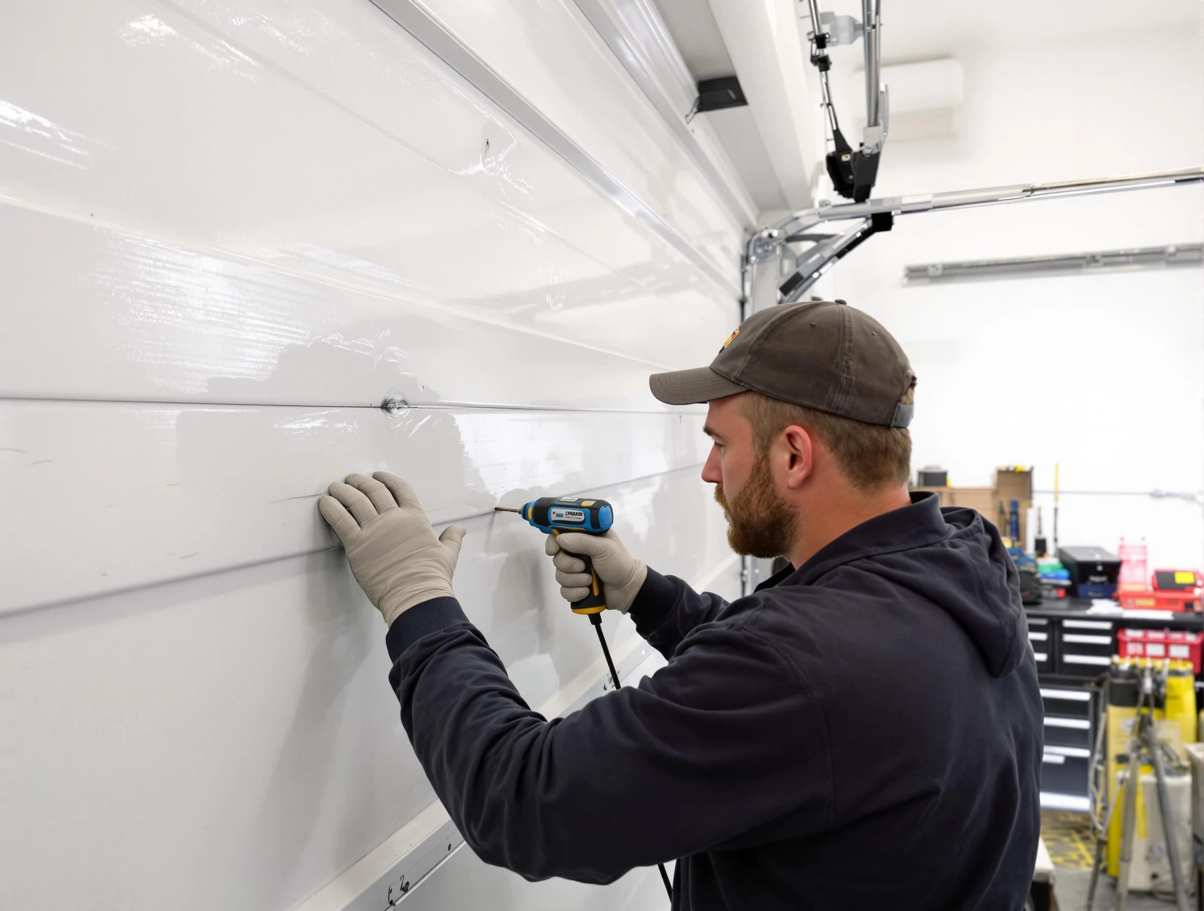 Hillside Garage Door Repair technician demonstrating precision dent removal techniques on a Hillside garage door